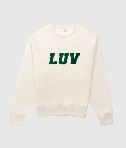 Freshman Sweatshirt in Natural with forest green LUV graphic, front product view