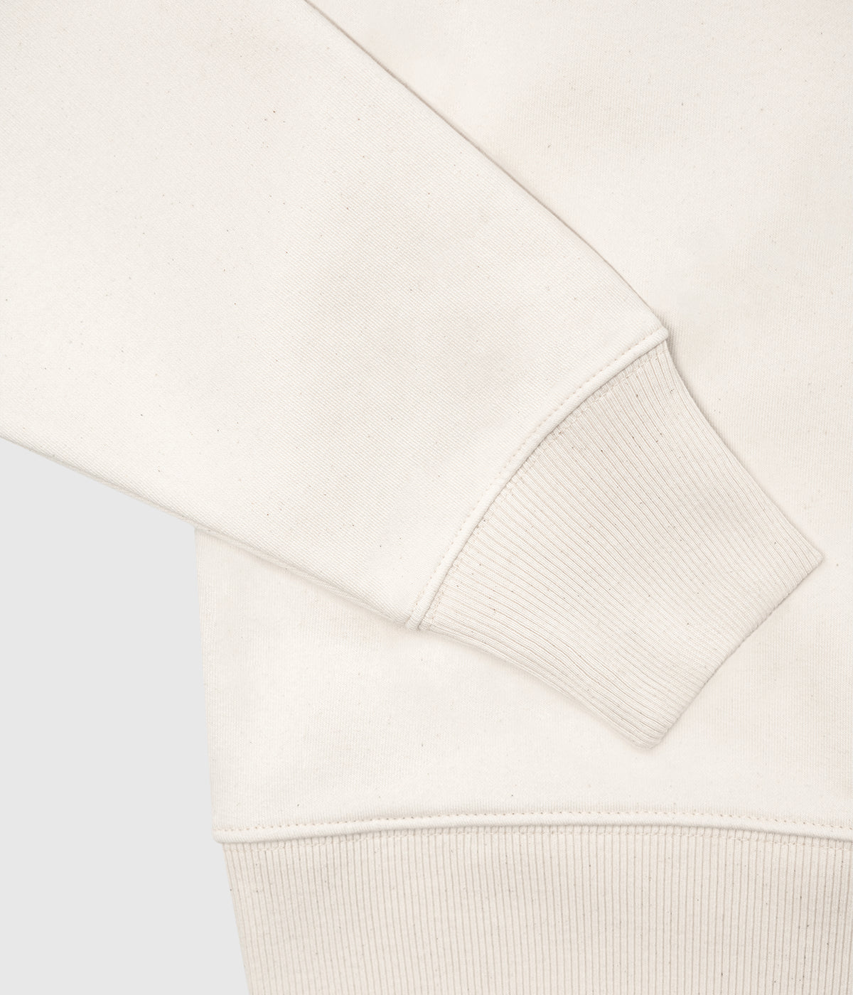 Close detail of the Freshman Natural Sweatshirt sleeve, ribbed cuff and hem