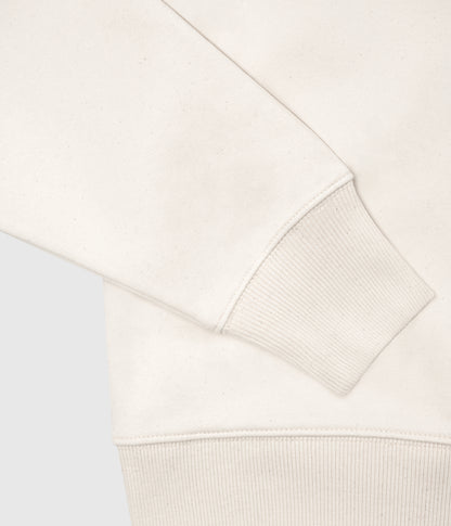 Close detail of the Freshman Natural Sweatshirt sleeve, ribbed cuff and hem